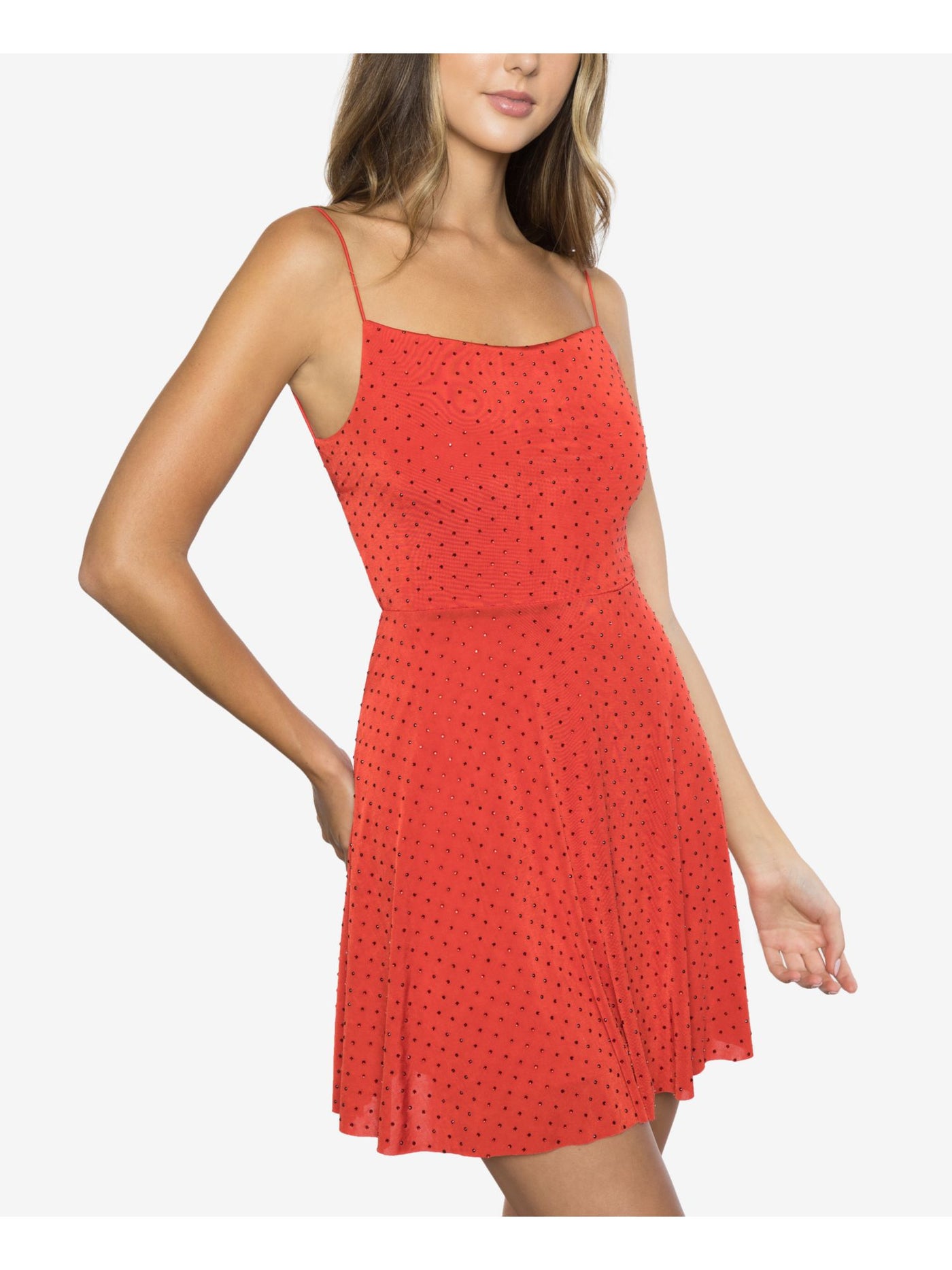 B DARLIN Womens Red Embellished Spaghetti Strap Square Neck Short Party A-Line Dress 3\4