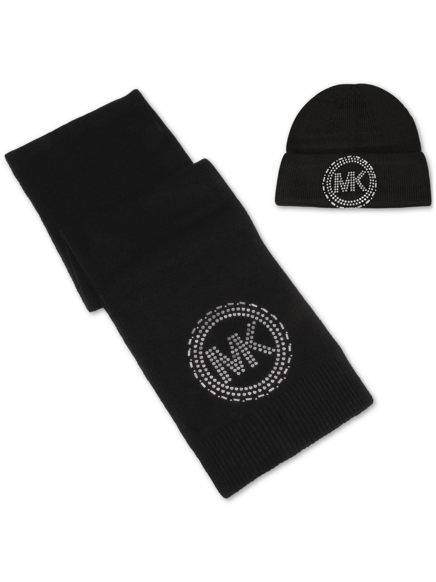 MICHAEL KORS Womens Black Logo Matching Wrap Scarf Set Winter Beanie Hat Cap