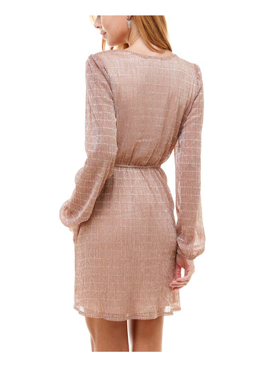 EMERALD SUNDAE Womens Gold Textured Metallic Striped Long Sleeve Surplice Neckline Mini Party A-Line Dress S