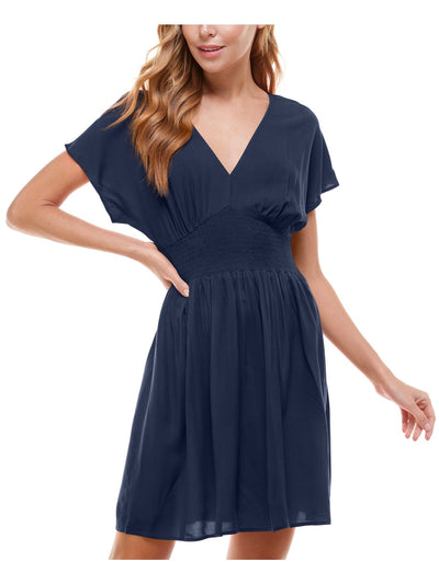 BEBOP Womens Navy Tie Smocked Waist   Unlined Dolman Sleeve V Neck Short Fit + Flare Dress Juniors M