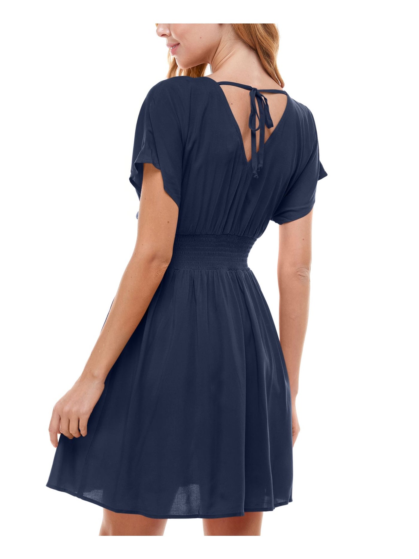 BEBOP Womens Navy Tie Smocked Waist   Unlined Dolman Sleeve V Neck Short Fit + Flare Dress Juniors M