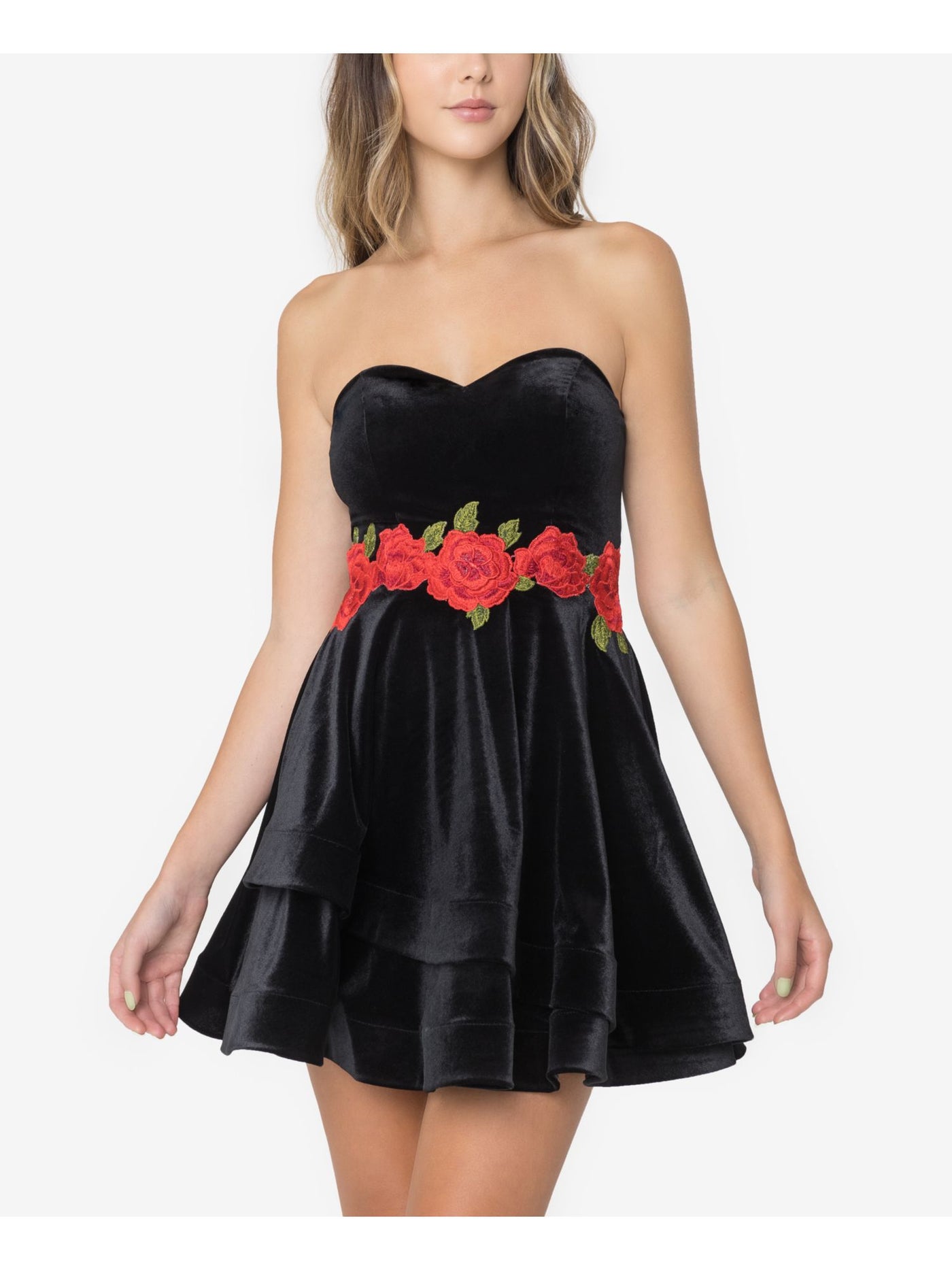 B DARLIN Womens Black Embroidered Zippered Velvet Floral Sleeveless Sweetheart Neckline Mini Cocktail A-Line Dress 7\8