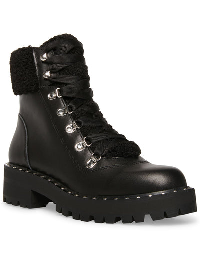 STEVE MADDEN Womens Black Faux Shearing D-Ring Grommet Det Cushioned Studded Receptive Round Toe Block Heel Lace-Up Hiking Boots 6