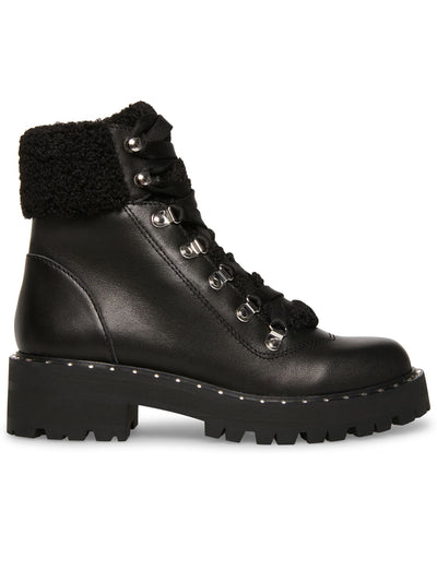 STEVE MADDEN Womens Black Faux Shearing D-Ring Grommet Det Cushioned Studded Receptive Round Toe Block Heel Lace-Up Hiking Boots 6