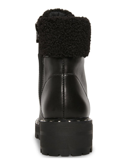 STEVE MADDEN Womens Black Faux Shearing D-Ring Grommet Det Cushioned Studded Receptive Round Toe Block Heel Lace-Up Hiking Boots 6