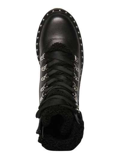 STEVE MADDEN Womens Black Faux Shearing D-Ring Grommet Det Cushioned Studded Receptive Round Toe Block Heel Lace-Up Hiking Boots M