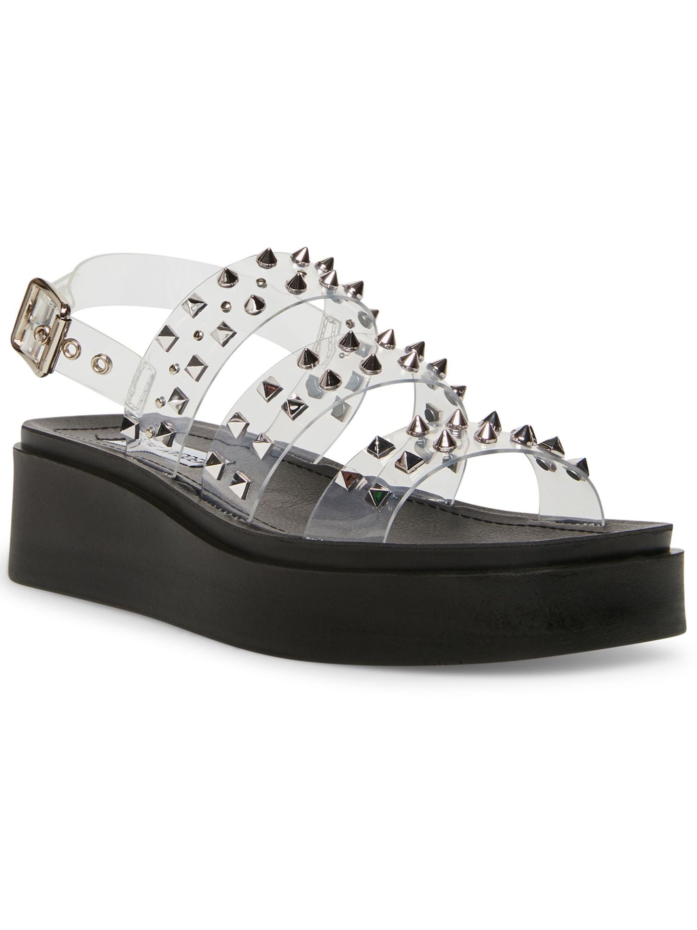 STEVE MADDEN Womens Clear 1" Platform Studded Adjustable Tera Square Toe Wedge Buckle Slingback Sandal 6.5 M