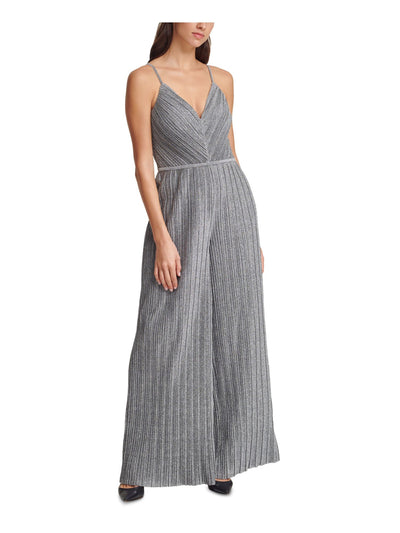 VINCE CAMUTO Womens Silver Pleated Glitter Spaghetti Strap V Neck Party Wide Leg Jumpsuit 2