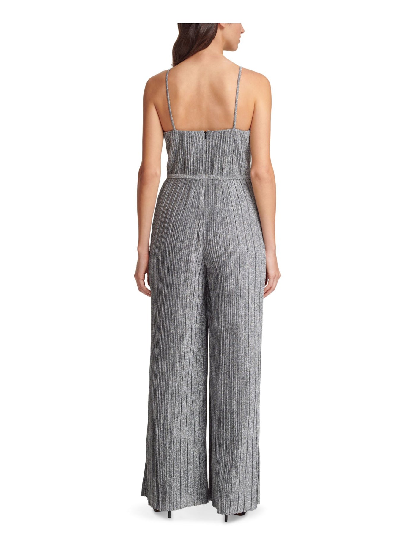 VINCE CAMUTO Womens Silver Pleated Glitter Spaghetti Strap V Neck Party Wide Leg Jumpsuit 2