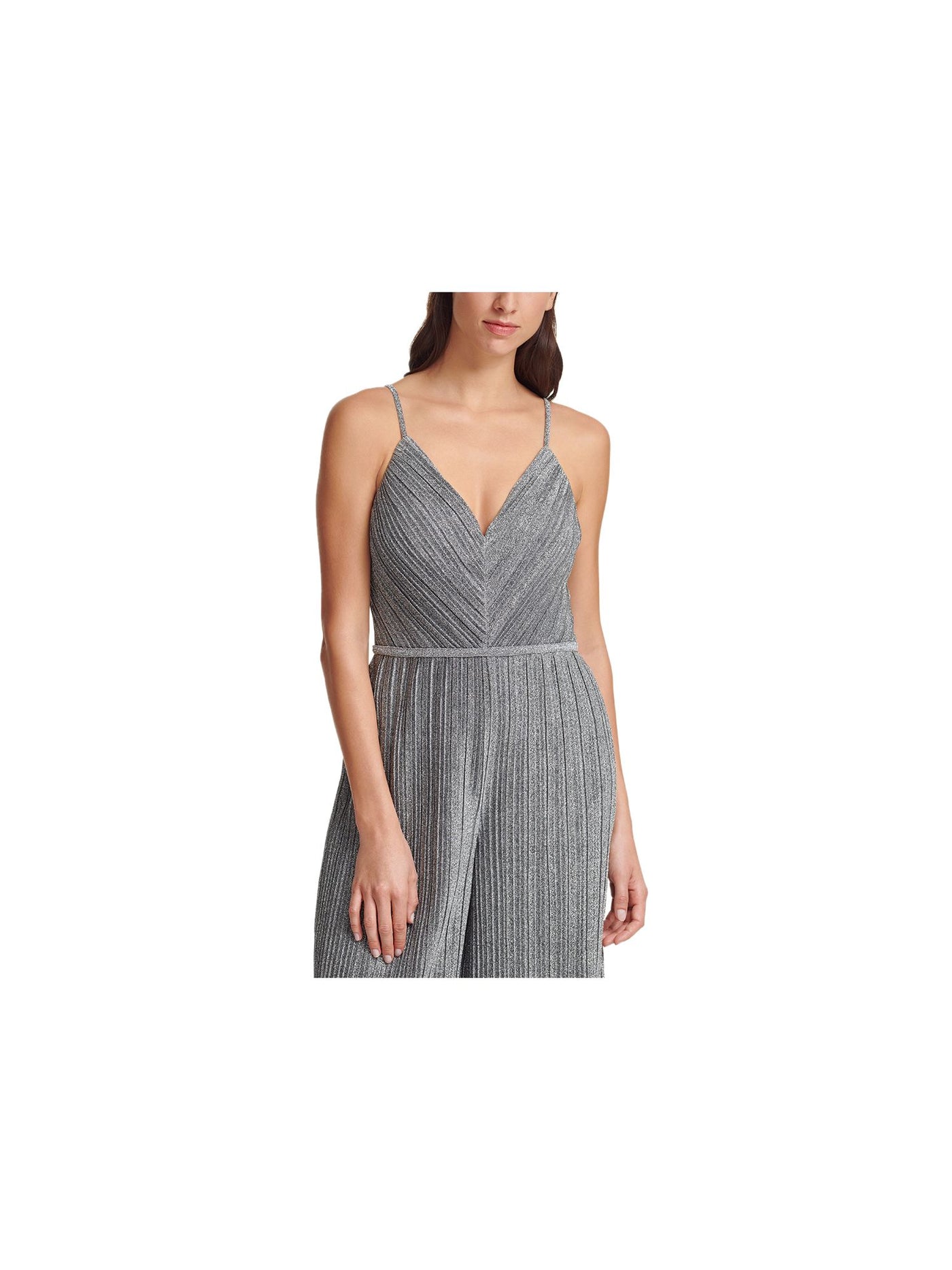 VINCE CAMUTO Womens Silver Pleated Glitter Spaghetti Strap V Neck Party Wide Leg Jumpsuit 2