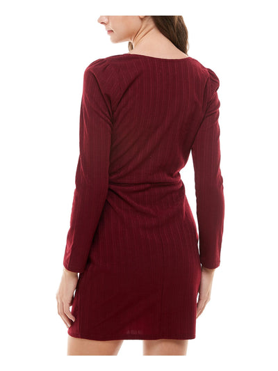 TRIXXI Womens Burgundy Ruched Long Sleeve Square Neck Mini Party Sheath Dress M