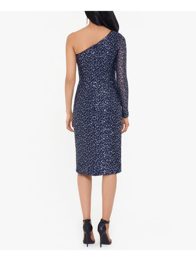 BETSY & ADAM Womens Sequined Cold Shoulder Slit Long Sleeve Asymmetrical Neckline Below The Knee Cocktail Sheath Dress