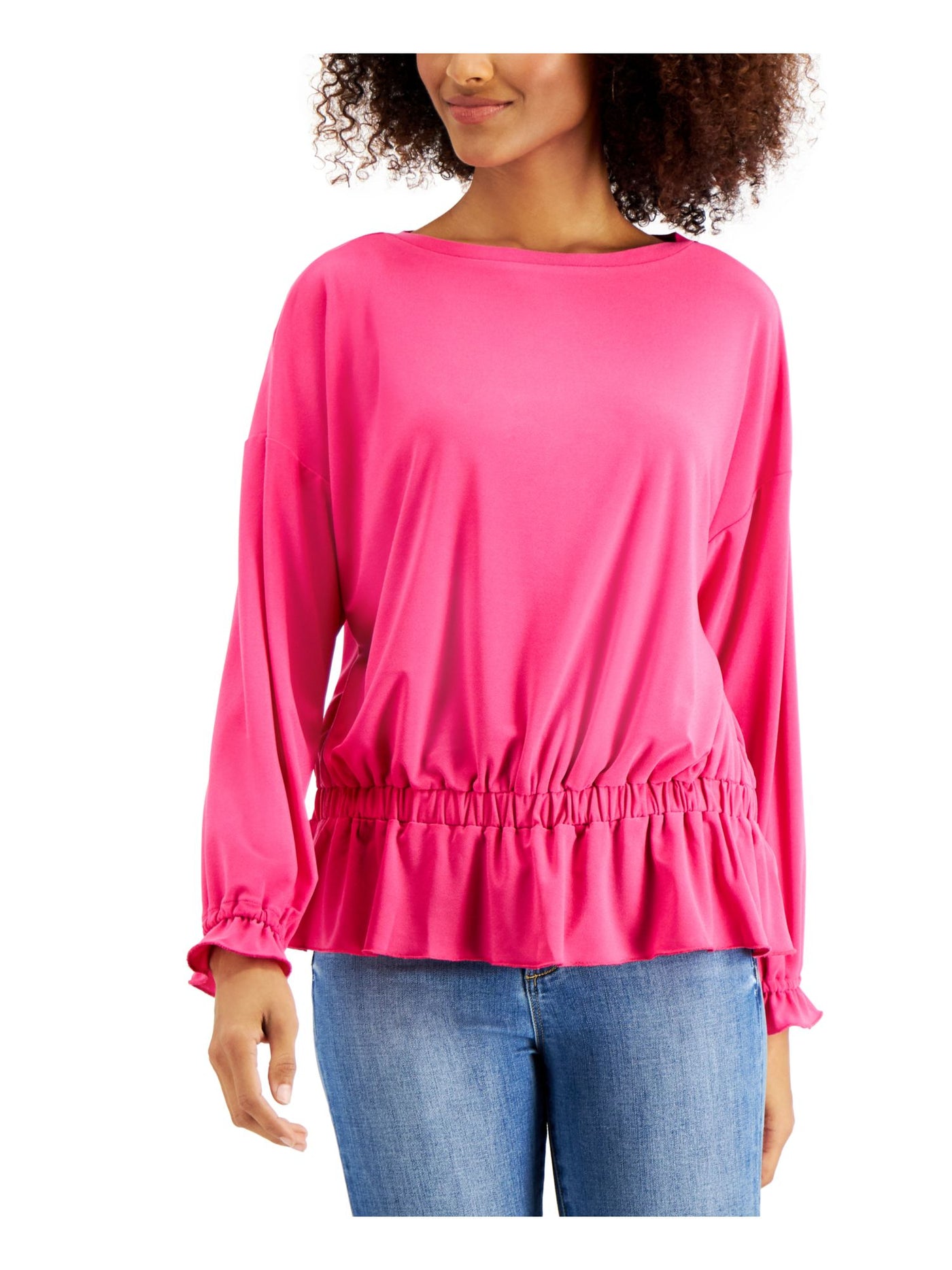 WILLOW DRIVE Womens Pink Ruffled Drawstring Long Sleeve Boat Neck Peplum Top L