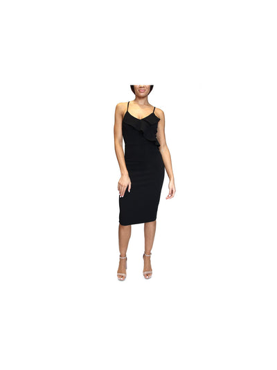 DONT YOU DARE Womens Black Ruffled Spaghetti Strap V Neck Midi Party Body Con Dress XS