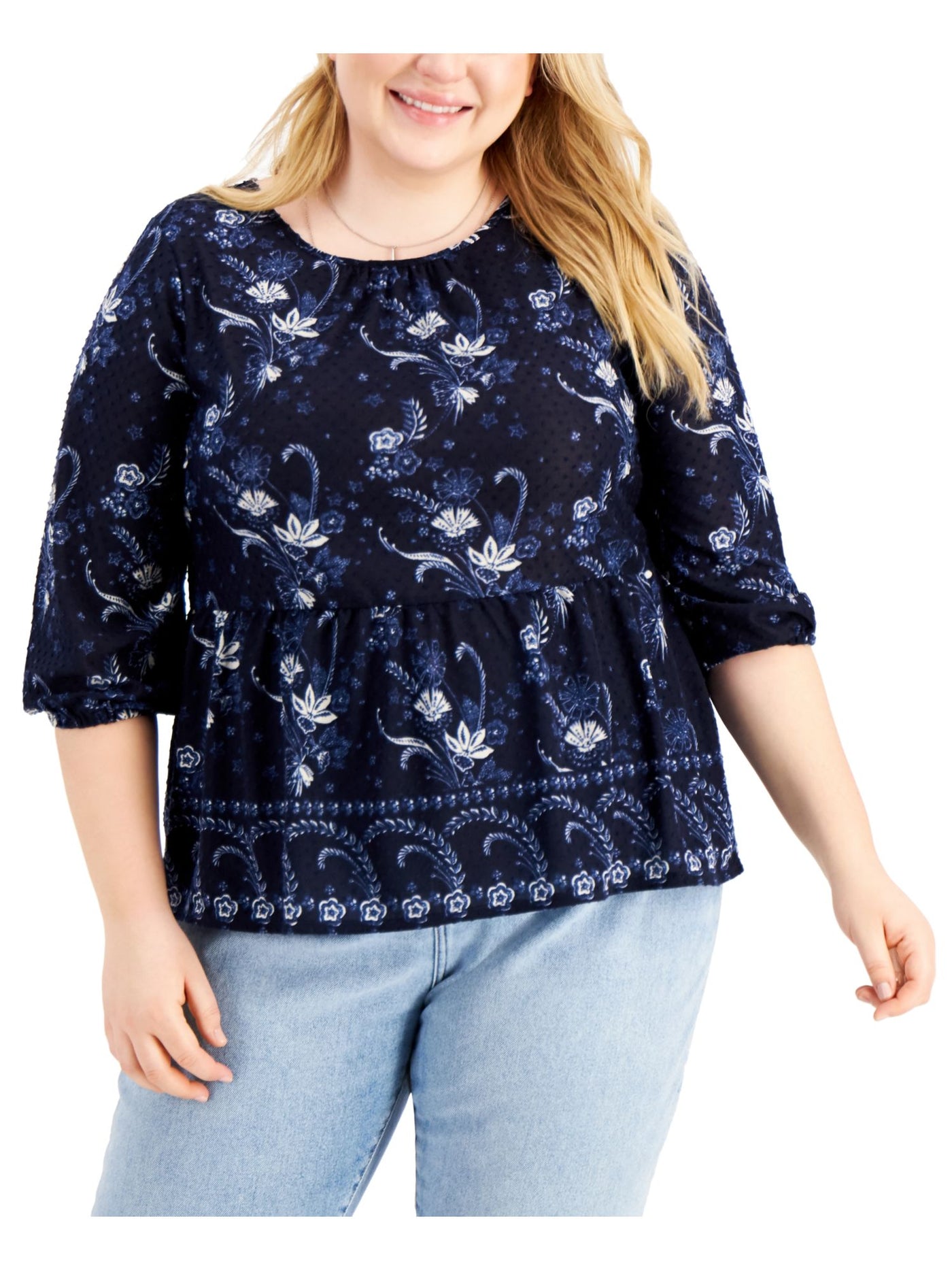 STYLE & COMPANY Womens Navy Floral 3/4 Sleeve Round Top Petites PM