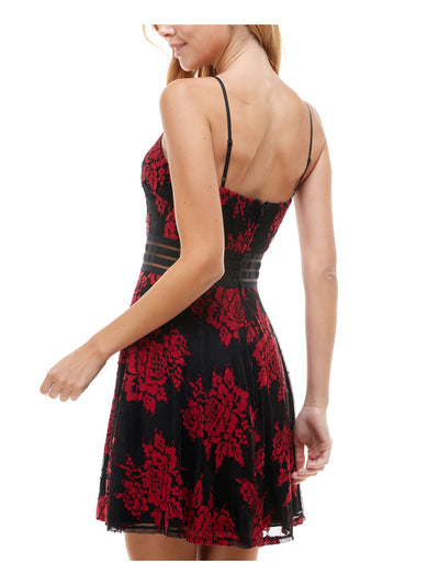 CITY STUDIO Womens Red Lace Low Back Floral Spaghetti Strap Short Party Fit + Flare Dress 0