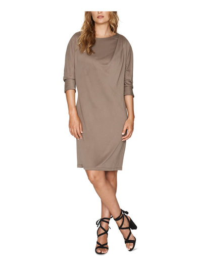 B NEW YORK Womens Brown 3/4 Sleeve Scoop Neck Short Shift Dress Size: S