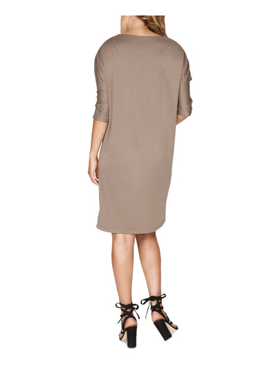 B NEW YORK Womens Brown 3/4 Sleeve Scoop Neck Short Shift Dress Size: S