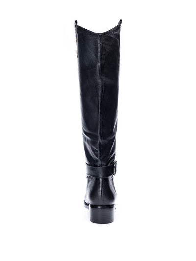 CHINESE LAUNDRY Womens Black Side Pull Tabs Brushed Brass Hardware Buckle Accent Roger Round Toe Block Heel Slip On Leather Riding Boot 11 M