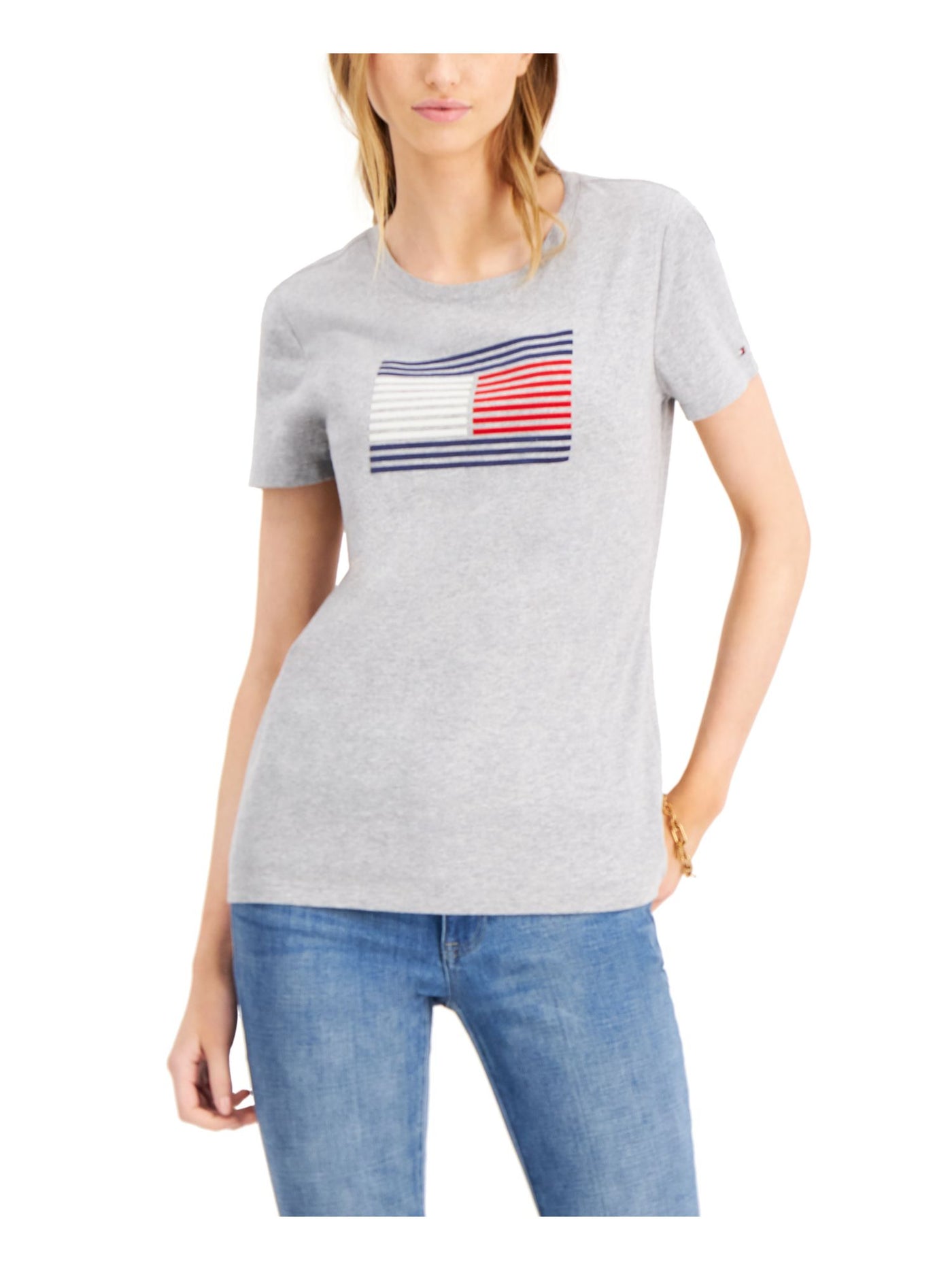 TOMMY HILFIGER Womens Gray Textured Logo Graphic Short Sleeve Crew Neck T-Shirt M