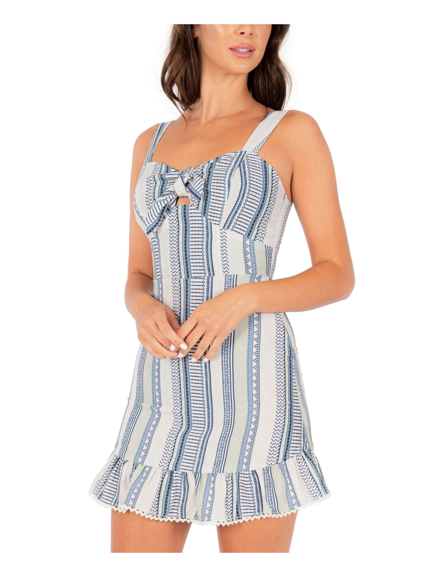 SPEECHLESS Womens Blue Ruffled Striped Sleeveless Sweetheart Neckline Mini A-Line Dress L