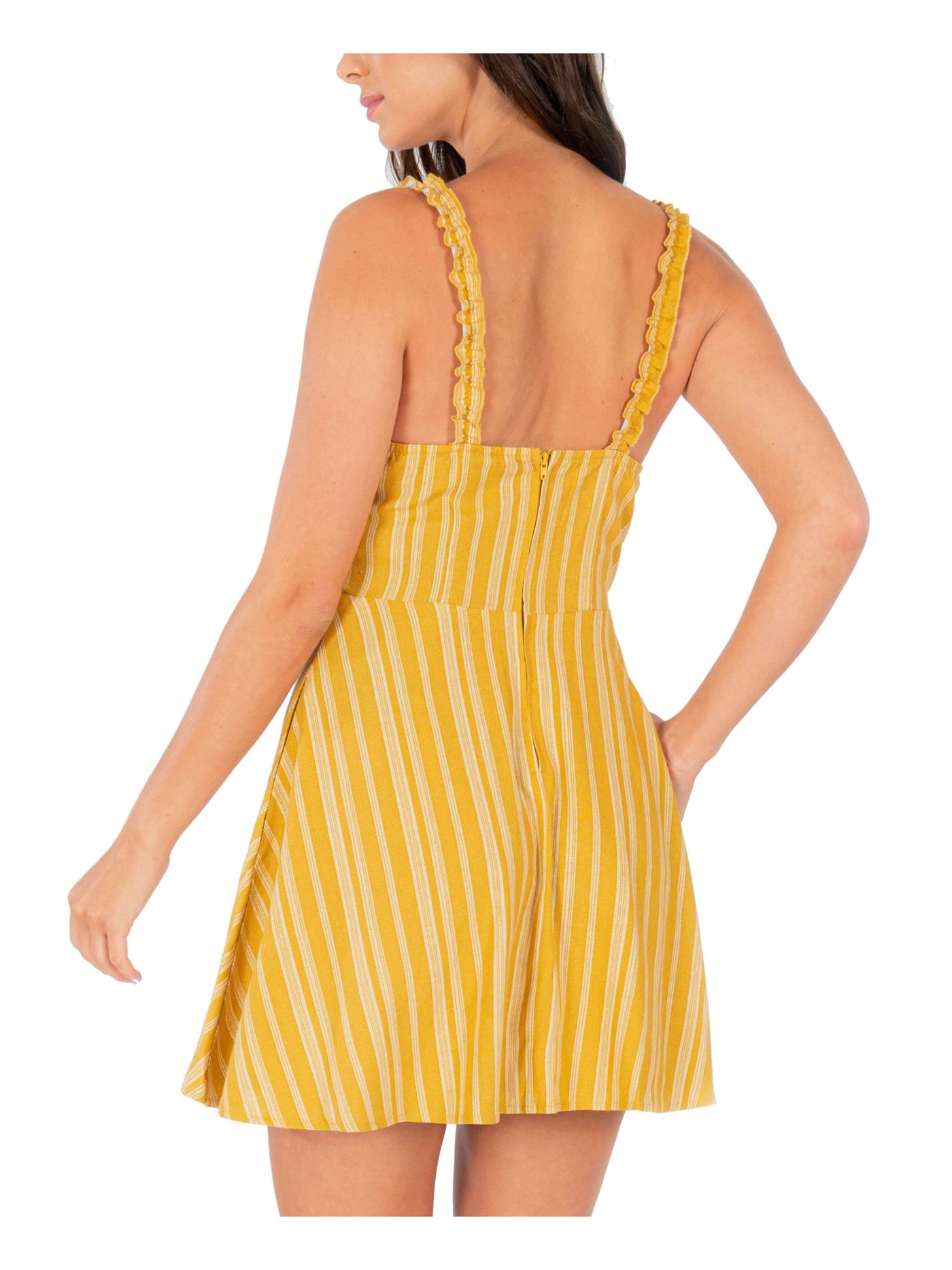 SPEECHLESS Womens Yellow Stretch Ruffled Tie Striped Sleeveless Scoop Neck Mini Fit + Flare Dress XS