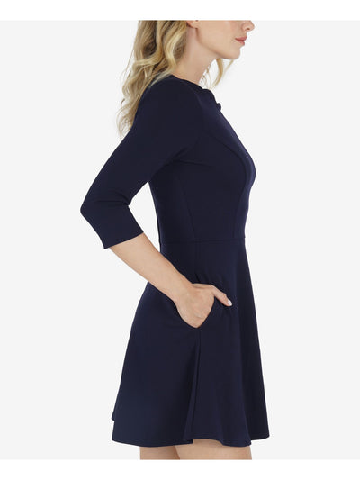 SPEECHLESS Womens Navy 3/4 Sleeve Crew Neck Mini Wear To Work Fit + Flare Dress L