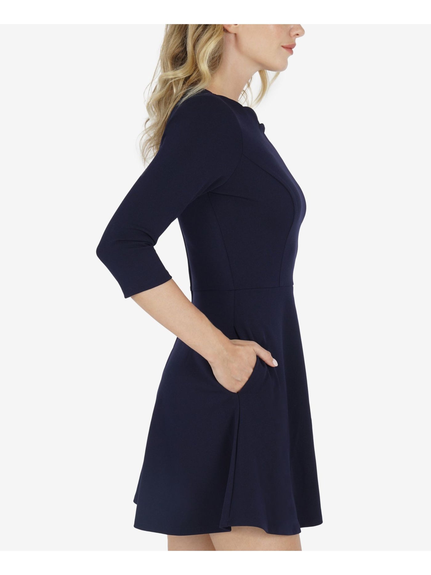 SPEECHLESS Womens Navy 3/4 Sleeve Crew Neck Mini Wear To Work Fit + Flare Dress S