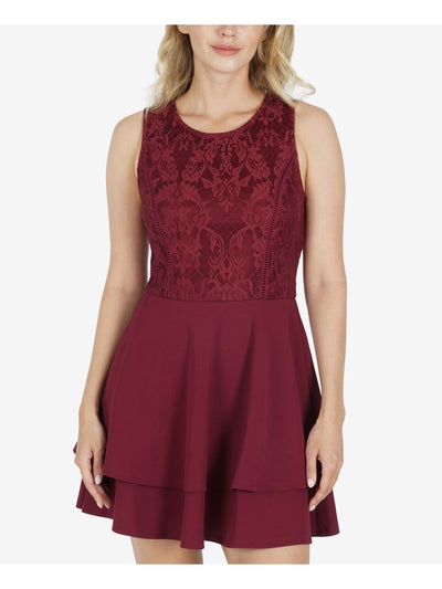 SPEECHLESS Womens Burgundy Stretch Embroidered Zippered Lace Top Tiered Flounce Hem Sleeveless Jewel Neck Short Ruffled Dress XS