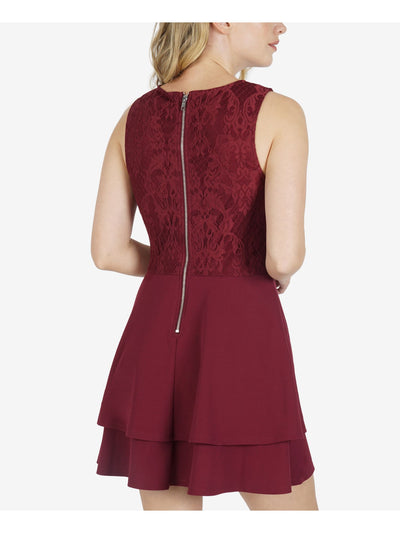 SPEECHLESS Womens Maroon Stretch Pocketed Zippered Lace Top Tiered Flounce Hem Sleeveless Jewel Neck Short Party Fit + Flare Dress XL