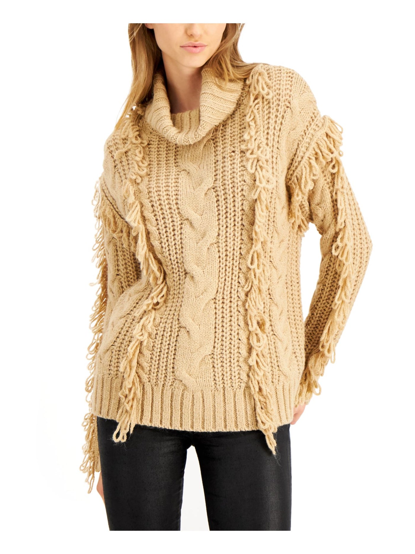 wynter Womens Beige Fringed Drop Shoulder Long Sleeve Cowl Neck Sweater XS