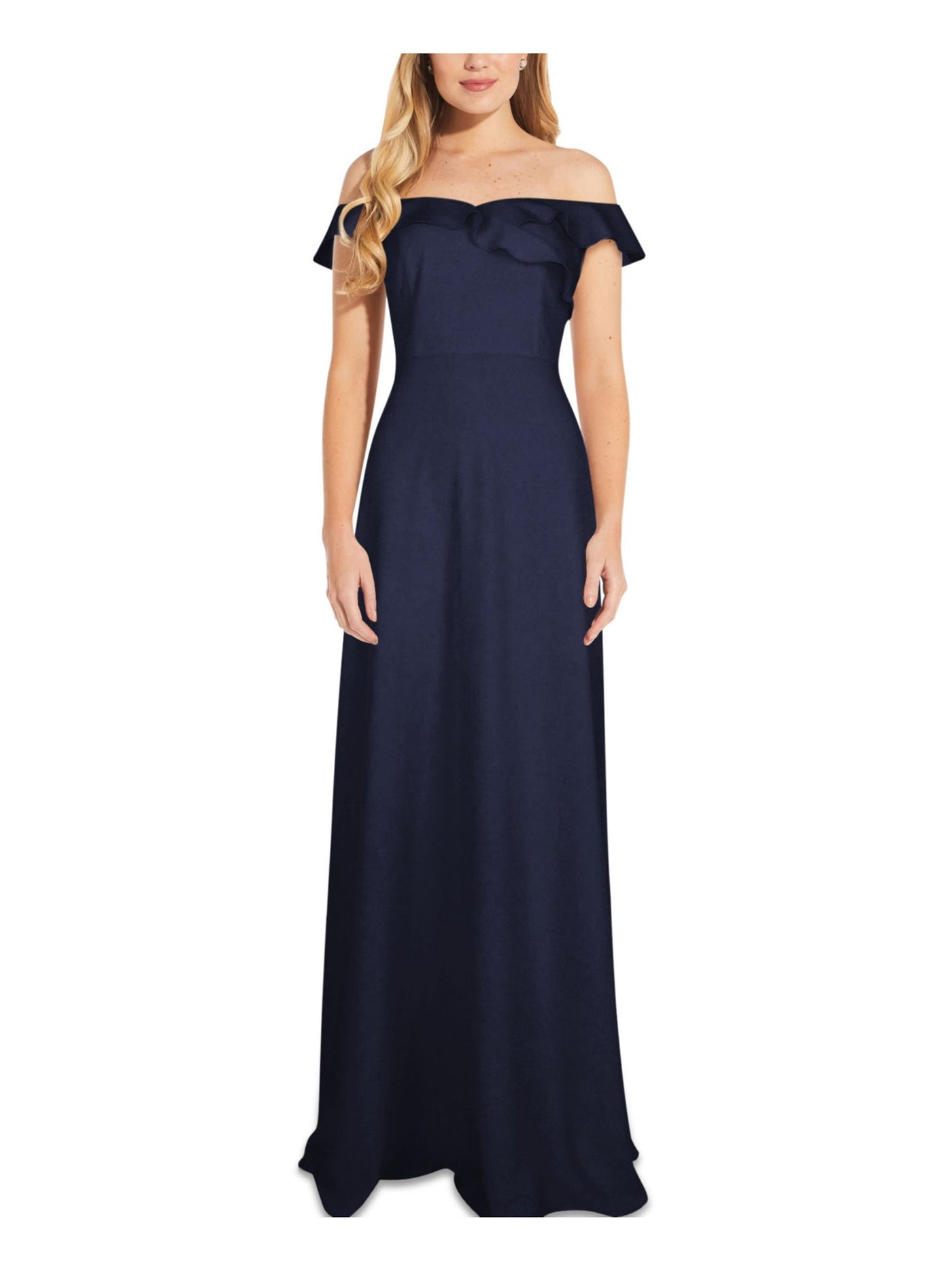 ADRIANNA PAPELL Womens Navy Ruffled Zippered Gown Lined Sleeveless Off Shoulder Full-Length Formal Sheath Dress 4