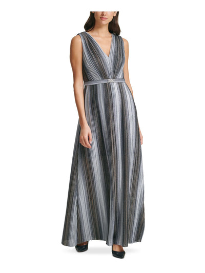 VINCE CAMUTO Womens Gray Glitter Belted Striped Sleeveless V Neck Full-Length Evening Fit + Flare Dress 4