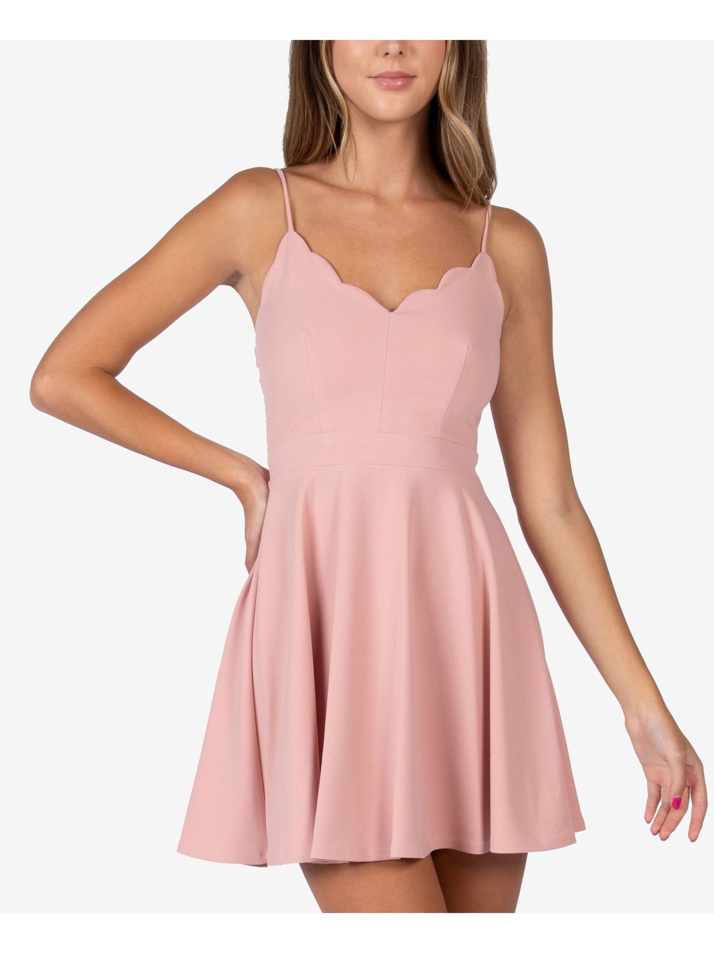 B DARLIN Womens Pink Stretch Zippered Fitted Scalloped Detail Spaghetti Strap V Neck Mini Evening Fit + Flare Dress 9\10