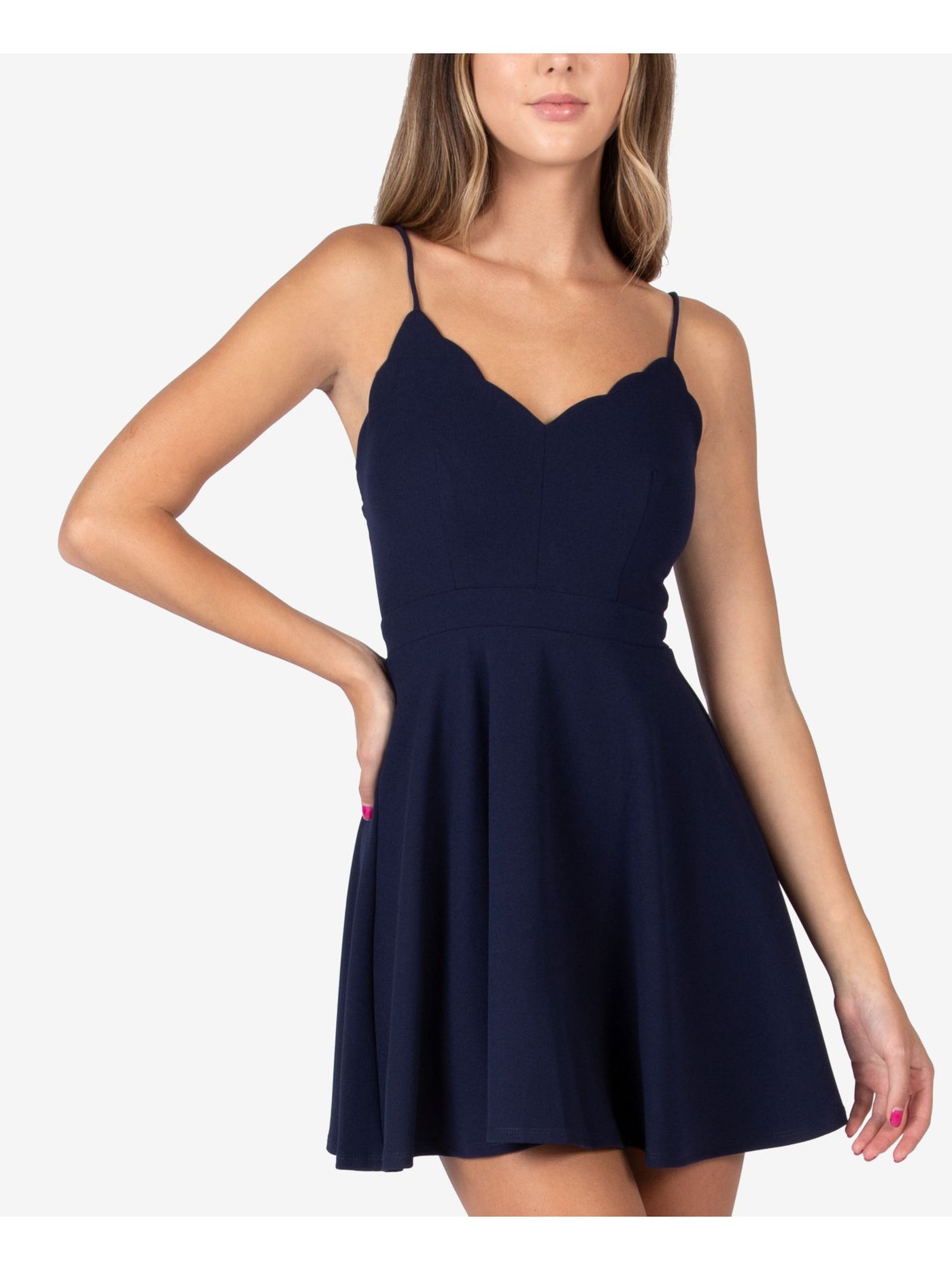 B DARLIN Womens Navy Stretch Zippered Fitted Spaghetti Strap V Neck Mini Evening Fit + Flare Dress 11\12