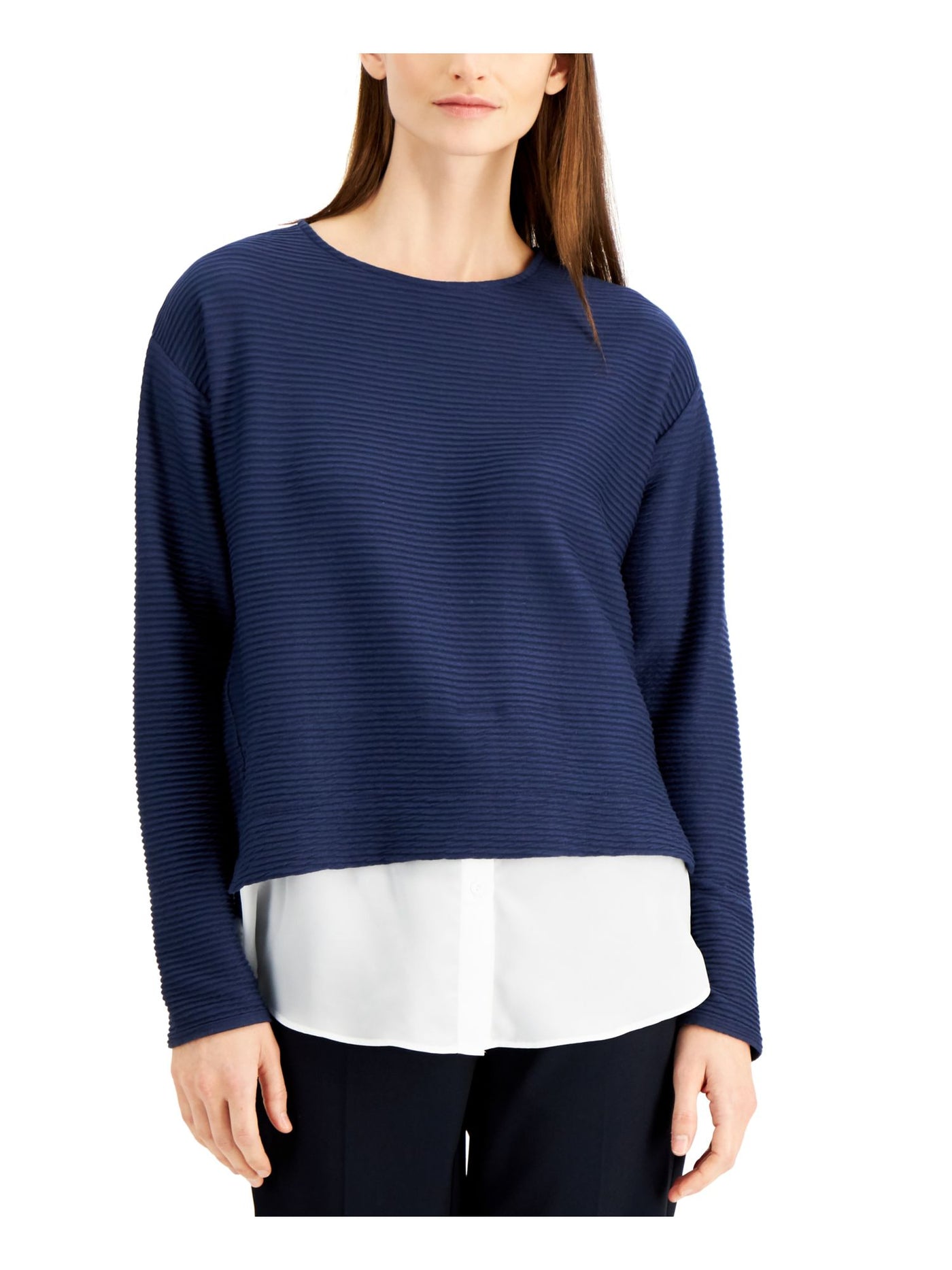 ALFANI Womens Navy Color Block Long Sleeve Scoop Neck Top XXL