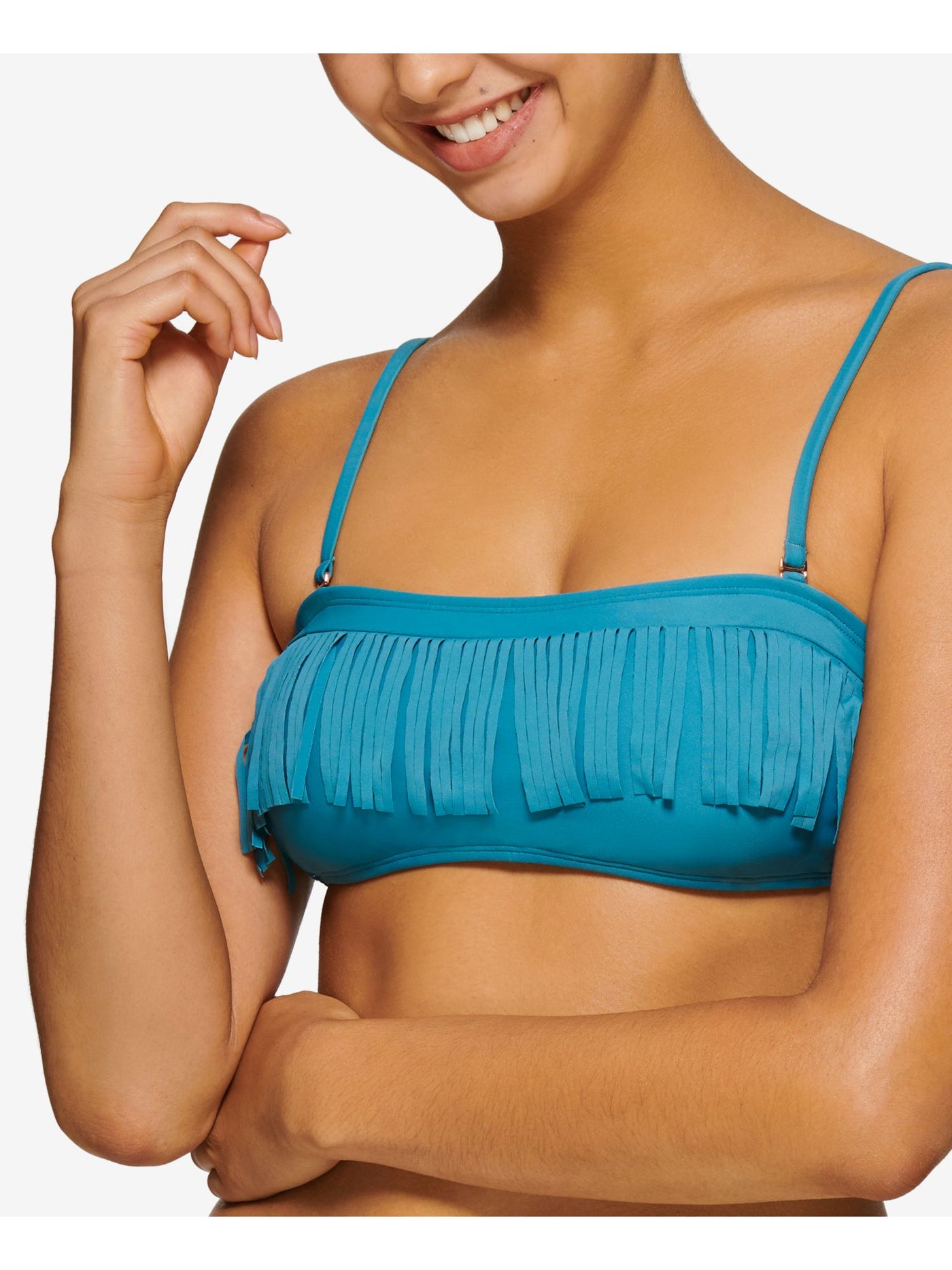 HULA HONEY Women's Blue Stretch Fringe Removable Cups Adjustable Tie Bandeau Swimsuit Top XL