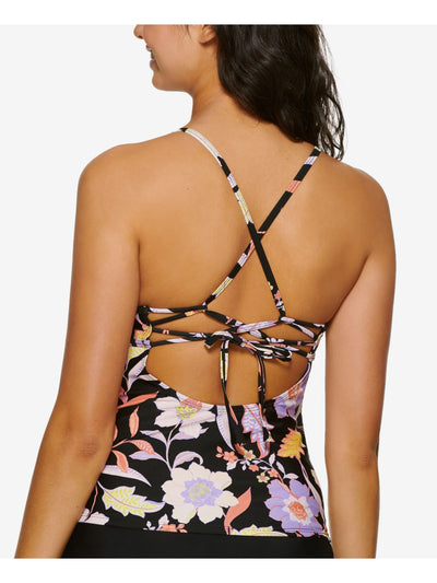 HULA HONEY Women's Black Tropical Print Stretch Criss-cross Detail Lined Strappy Fixed Cups Luna Tankini Swimsuit Top S