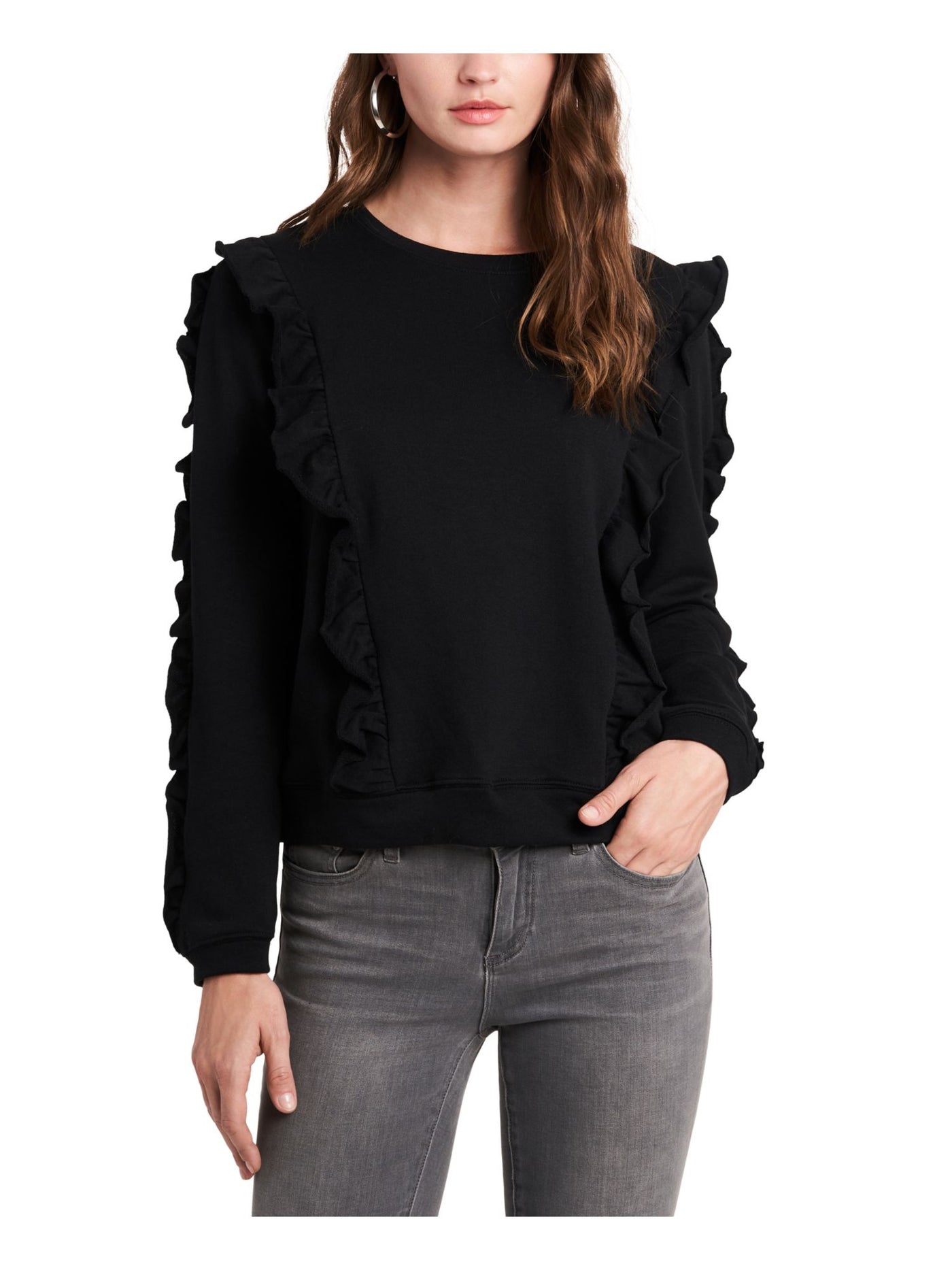 1. STATE Womens Black Ruffled Long Sleeve Crew Neck Sweatshirt XS