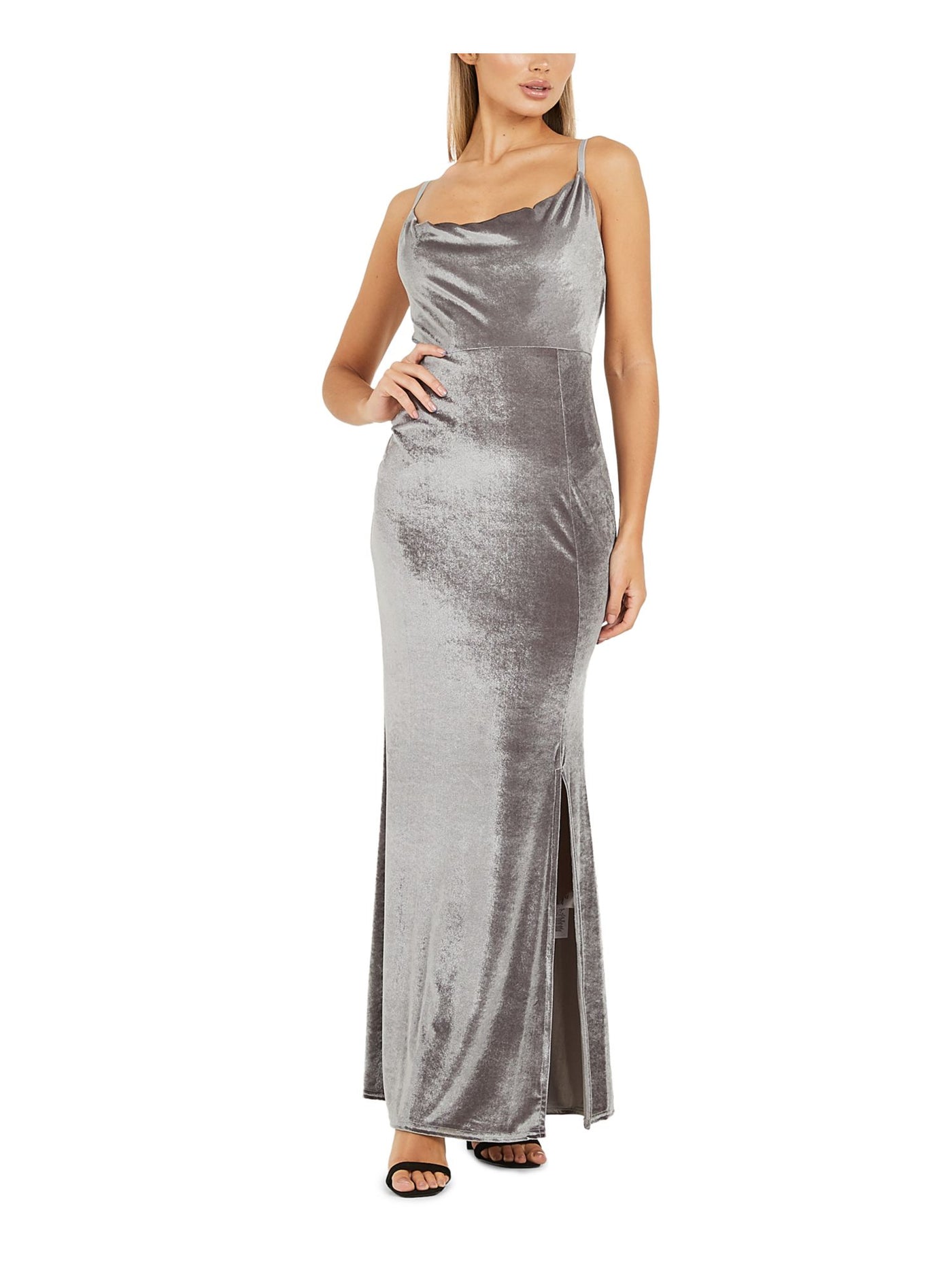 QUIZ Womens Silver Velvet Spaghetti Strap Cowl Neck Full-Length Evening Body Con Dress 10