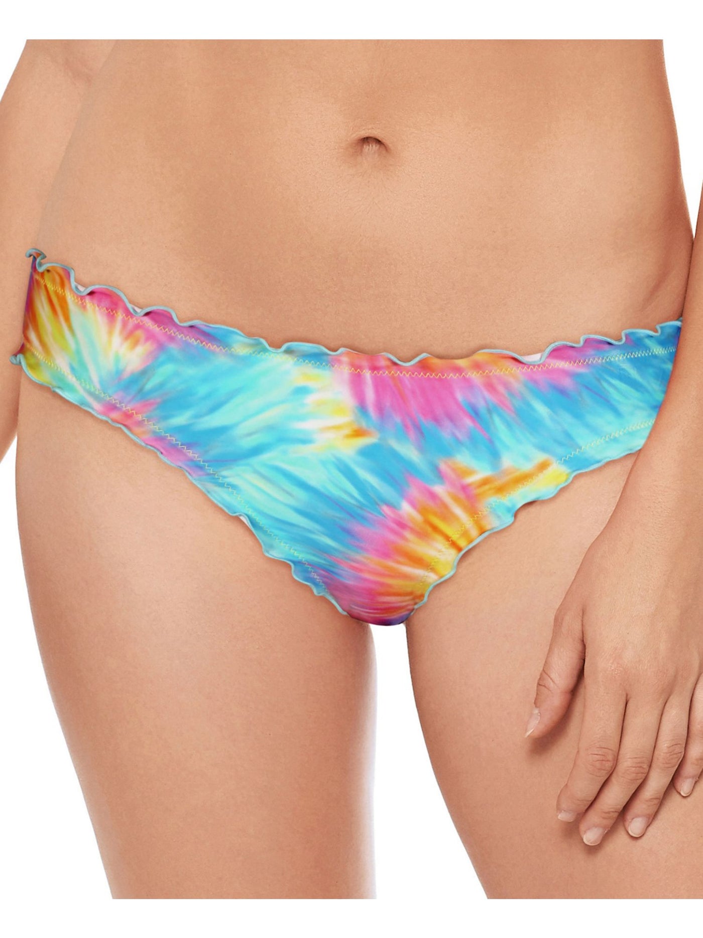 SALT + COVE Women's Multi Color Tie Dye Stretch Cheeky Limited Coverage Ruffled Hipster Swimsuit Bottom M
