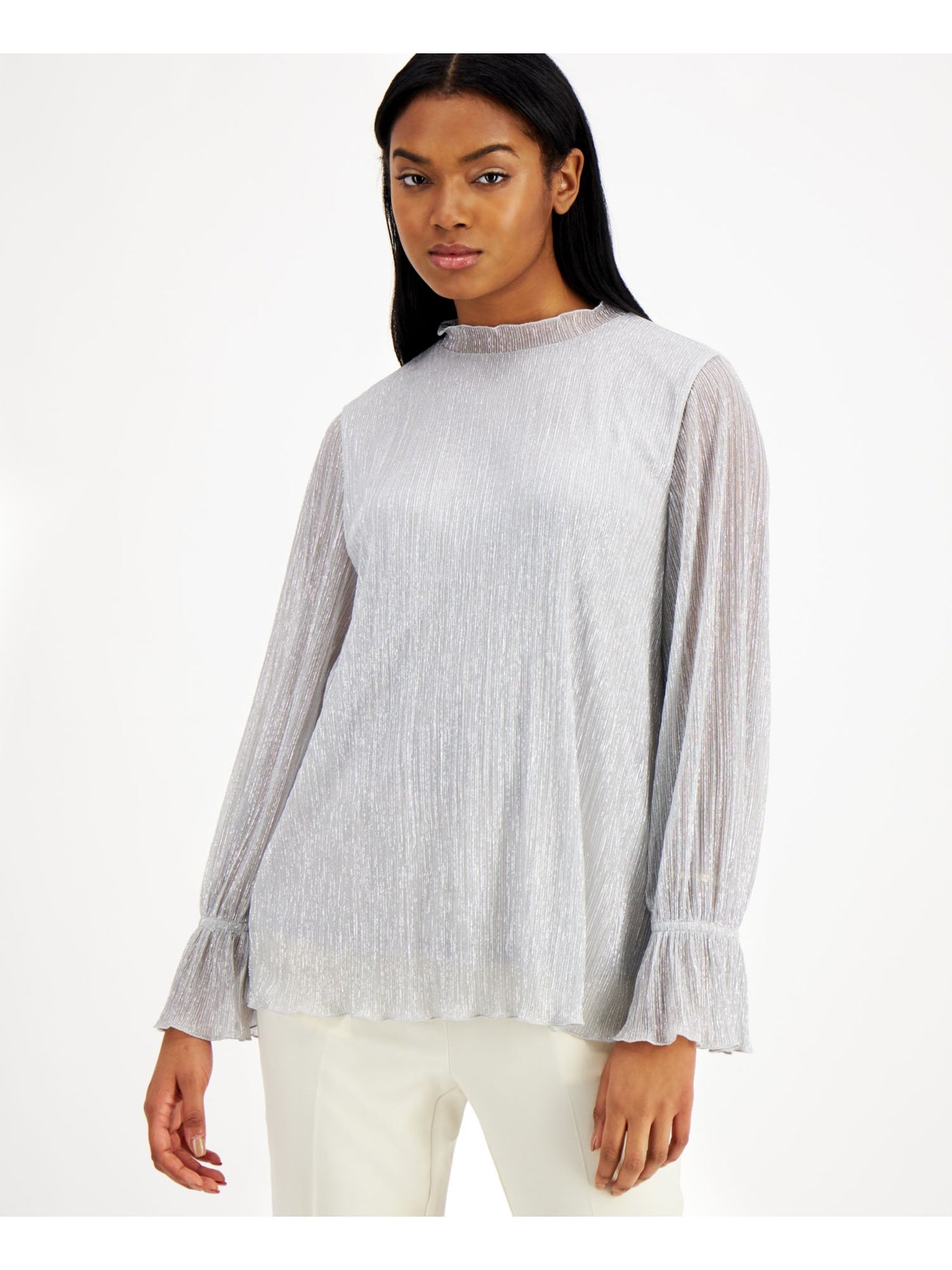 ALFANI Womens Ruffled Glitter High Neck Long Sleeve Top