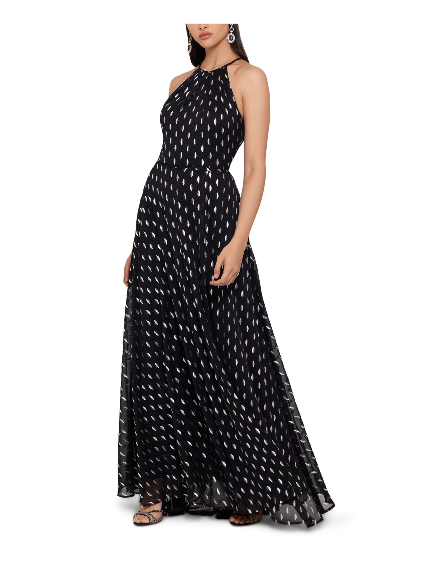 BETSY & ADAM Womens Black Slitted Printed Halter Full-Length Evening Fit + Flare Dress 12