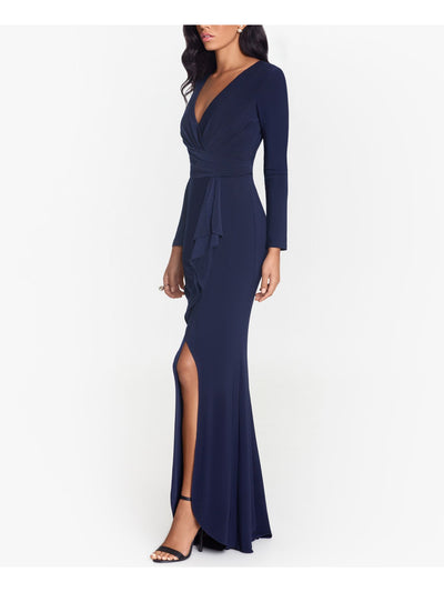 BETSY & ADAM Womens Navy Stretch Ruffled Zippered Slitted Long Sleeve V Neck Full-Length Evening Sheath Dress 12