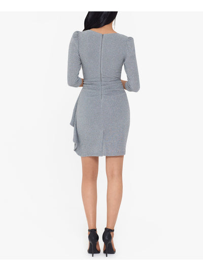 BETSY & ADAM Womens Glitter Ruffled 3/4 Sleeve Surplice Neckline Short Party Sheath Dress