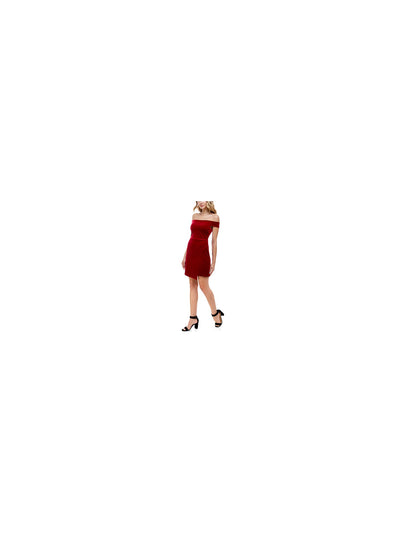 CRYSTAL DOLLS Womens Red Zippered Velvet Asymmetrical Hem Off Shoulder Mini Cocktail Sheath Dress 11