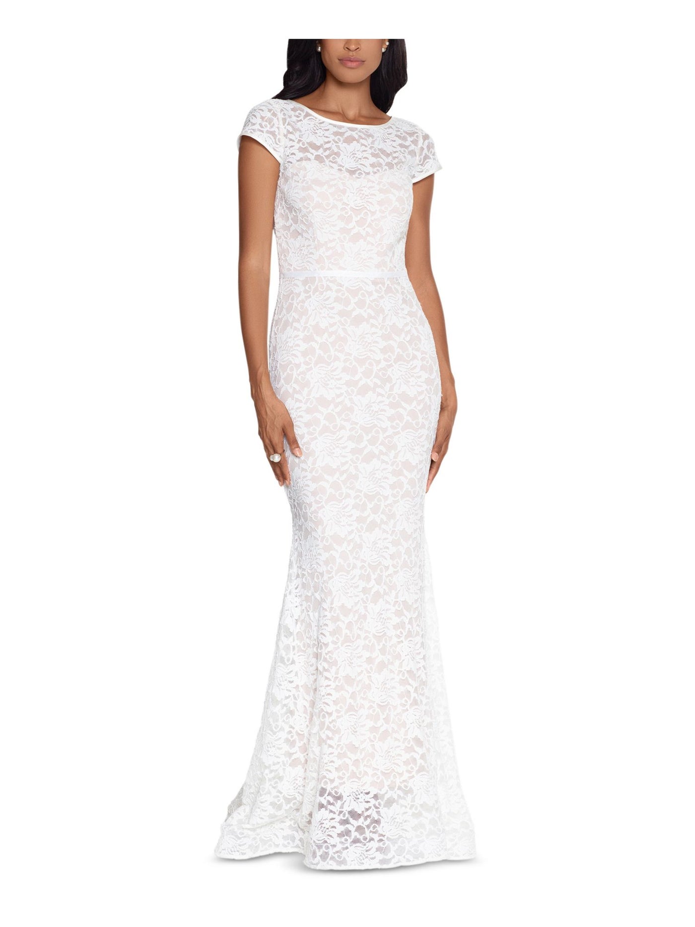 XSCAPE Womens White Lace Zippered Cap Sleeve Scoop Neck Full-Length Formal Mermaid Dress 4