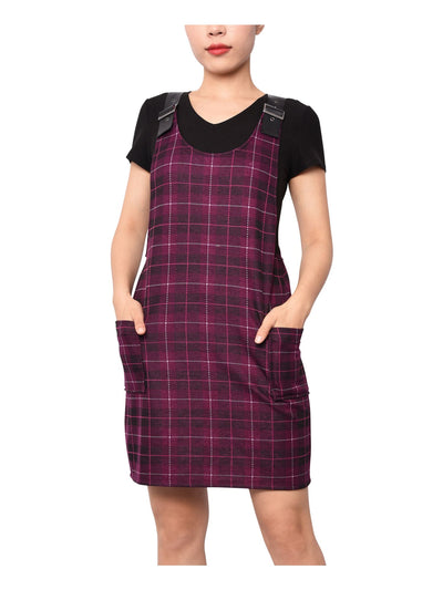 PLANET GOLD Womens Purple Plaid Sleeveless Scoop Neck Short Shift Dress L