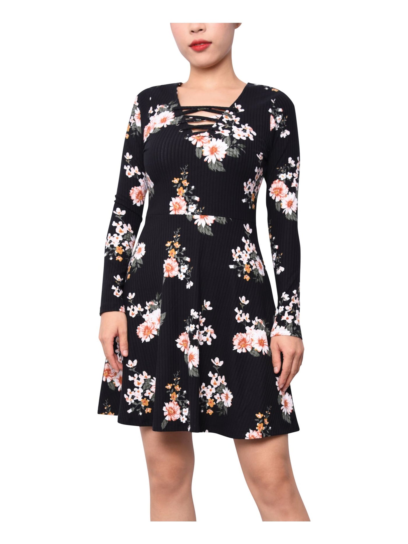 PLANET GOLD Womens Black Floral Long Sleeve V Neck Above The Knee Fit + Flare Dress XXS