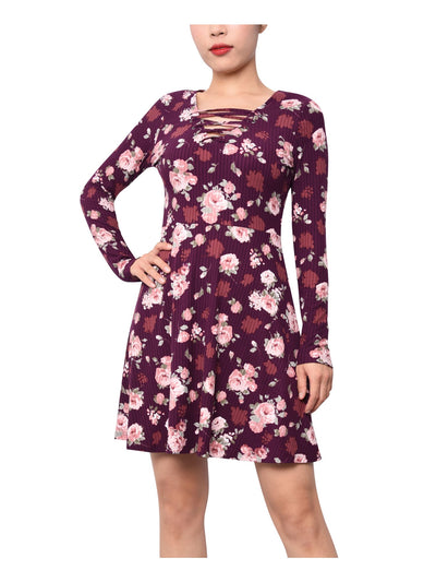 PLANET GOLD Womens Burgundy Floral Long Sleeve V Neck Above The Knee Fit + Flare Dress S